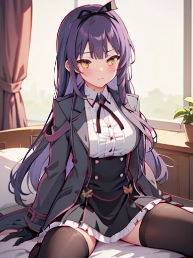 (nsfw),highest quality,inside the bedroom, on the bed, sitting, ((spread your legs)),lift up skirt、flip the skirt、have a skirt, (1 girl), (alone), (beautiful detailed girl), Len Bright, yellow_eye, purple hair, long hair, Broke up_前hair, hair_ribbon, black coat, white shirt, pantyhose, black knee boots, short black skirt, frills, black_gloves, ,, smug, blush、涙eye、glaring