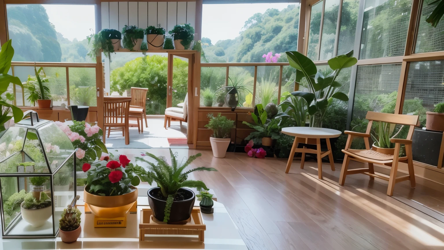 The room had a lot of plants and a table and chairs, interior setting, in bloom greenhouse, lush plants and bonsai trees, Terrarium seating area, lush plants and flowers, indoor, floral environment, with flowers and plants, with backdrop of natural light, Lots of plants and flowers, lush surroundings, Peaceful environment, plants and jungle, Flowers and plants，Blue sky，