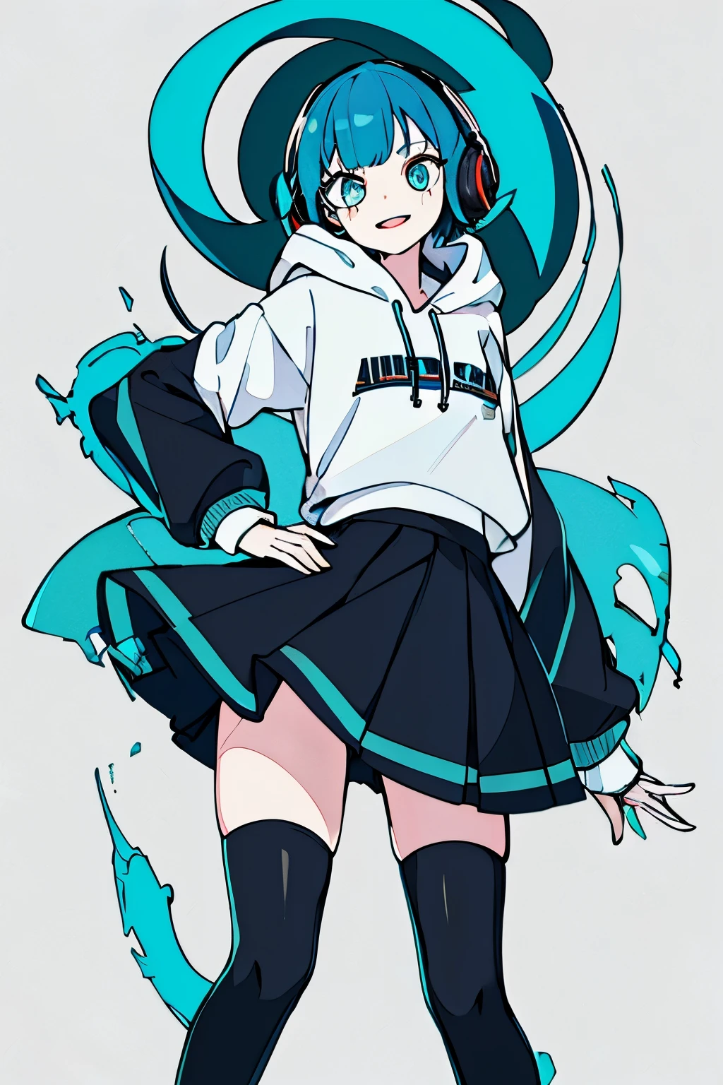 masterpiece, intricate details,highest quality, chromatic aberration, 1 girl, alone, skirt, short hair, Thighhighs, thigh boots, shirt, hoodie, boots, black skirt, laughing, hoodie, headset, aqua eye, skirt, aqua hair, whole body, かわいい hoodie, simple background,  very long hair, white background, tattoo, black shoes, black Thighhighs,blue hair