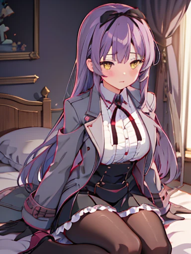 (nsfw),highest quality,inside the bedroom, on the bed, sitting,((lift up skirt))、((flip the skirt))、((have a skirt)), (1 girl), (alone), (beautiful detailed girl), Len Bright, yellow_eye, purple hair, long hair, Broke up_前hair, hair_ribbon, black coat, white shirt, pantyhose, black knee boots, short black skirt, frills, black_gloves, ,, smug, blush、涙eye、glaring