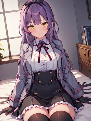 (nsfw),highest quality,inside the bedroom, on the bed, sitting,((lift up skirt))、((flip the skirt))、((have a skirt)), (1 girl), (alone), (beautiful detailed girl), Len Bright, yellow_eye, purple hair, long hair, Broke up_前hair, hair_ribbon, black coat, white shirt, pantyhose, black knee boots, short black skirt, frills, black_gloves, ,, smug, blush、涙eye、glaring