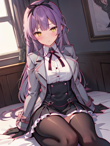 (nsfw),highest quality,inside the bedroom, on the bed, sitting,((lift up skirt))、((flip the skirt))、((have a skirt)), (1 girl), (alone), (beautiful detailed girl), Len Bright, yellow_eye, purple hair, long hair, Broke up_前hair, hair_ribbon, black coat, white shirt, pantyhose, black knee boots, short black skirt, frills, black_gloves, ,, smug, blush、涙eye、glaring