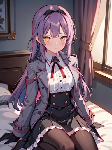 (nsfw),highest quality,inside the bedroom, on the bed, sitting,((lift up skirt))、((flip the skirt))、((have a skirt)), (1 girl), (alone), (beautiful detailed girl), Len Bright, yellow_eye, purple hair, long hair, Broke up_前hair, hair_ribbon, black coat, white shirt, pantyhose, black knee boots, short black skirt, frills, black_gloves, ,, smug, blush、涙eye、glaring