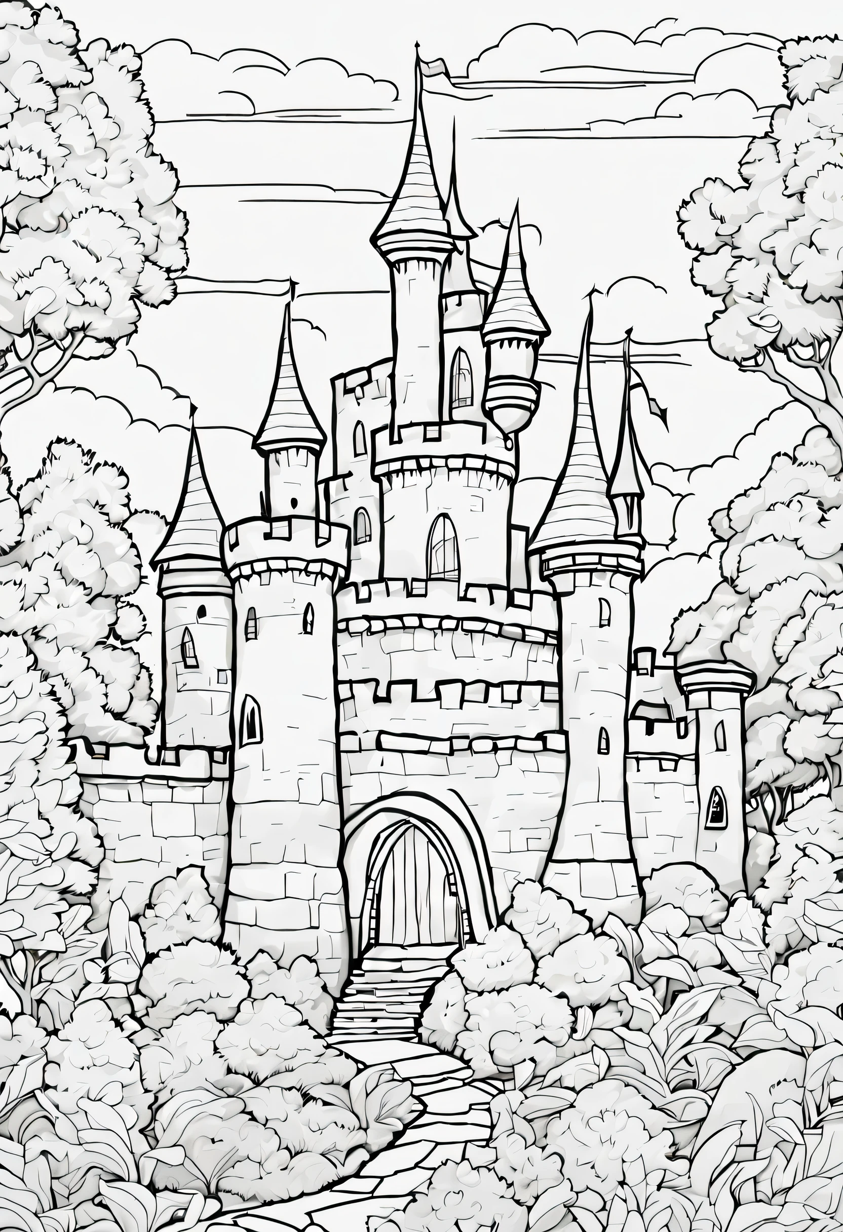 a coloring book page of castle in a forest, simple line art