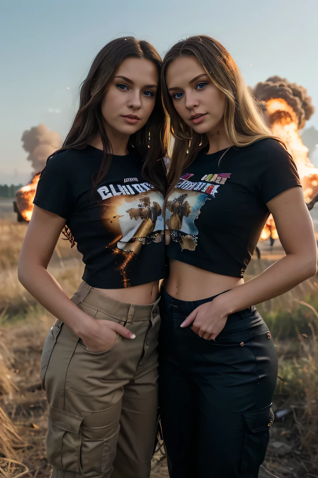 Retrato de dos mujeres, una rubia y una morena, standing with a small distance between them, cada mujer sostiene un rifle, with an explosion in the background, Brillante. La primera mujer es rubia., ojos azules, Slavic characteristics, Woman dressed in black women&#39;s pants and a black cropped t-shirt.. La otra mujer tiene el pelo oscuro., Brown eyes, Latin features, vistiendo chaqueta negra, Black T-shirt and black pants, foto de cuerpo completo, ojos perfectos y detallados, manos perfectas y detalladas
