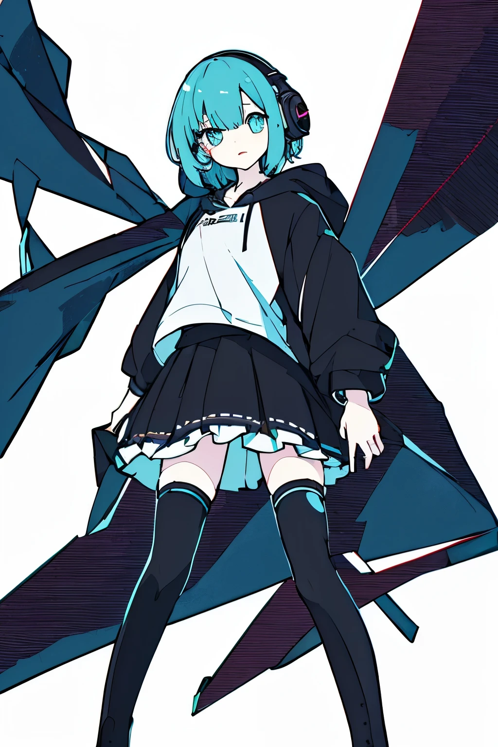 masterpiece, intricate details,highest quality, chromatic aberration, 1 girl, alone, skirt, short hair, Thighhighs, thigh boots, shirt, hoodie, boots, black skirt, Playing a game, hoodie, headset, aqua eye, skirt, Cross-legged, aqua hair, whole body, かわいい hoodie, simple background,  very long hair, white background, tattoo, black shoes, black Thighhighs,blue hair