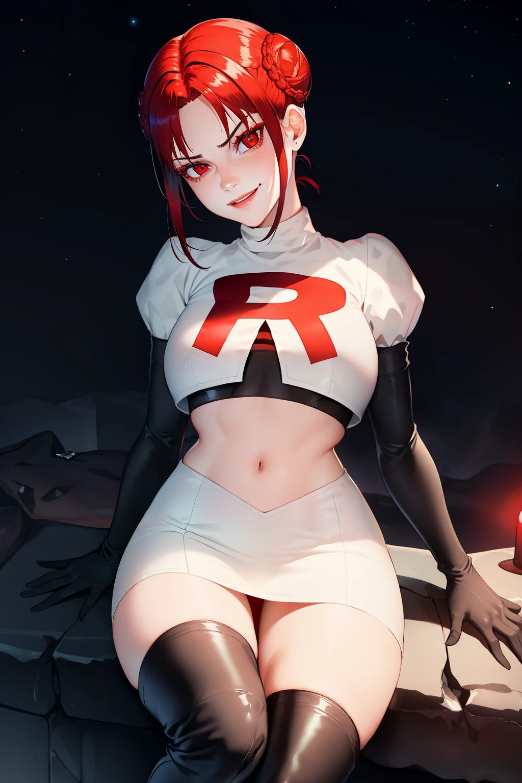 feMonica, hair bun, braid,red eyes ,glossy lips ,team rocket uniform, red letter R, white skirt,white crop top,black thigh-high boots, black elbow gloves, evil smile, sitting down, looking down on viewer ,legs crossed, night sky background