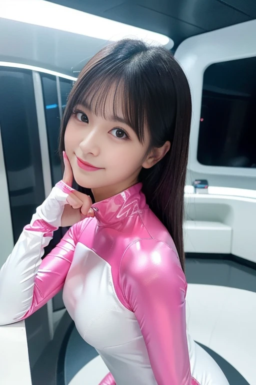 (Place your index finger on your chin, bend the index finger, Shiny rubber suit, gazing at viewer, Leaning forward, 1 girl, Looking at Viewer, from the front side, facing straight at viewer, white and pink clothes, White Gloves, futuristic spacesuit, Inside the spaceship room), Smile, Upper body, body suit, Mini Pencil Skirt, High neck clothing, Hide the neck, drooping eyes, Head tilt, masutepiece, Best Quality, an extremely cute girl, 20 years old, Black hair, pink line in the center of the clothes