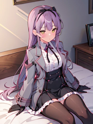 (nsfw),highest quality,inside the bedroom, on the bed,lie down, spread your legs,((vaginal )), (1 girl), (alone), (beautiful detailed girl), Len Bright, yellow_eye, purple hair, long hair, Broke up_前hair, hair_ribbon, black coat, white shirt, pantyhose, black knee boots, short black skirt, frills, black_gloves, ,, smug, blush、涙eye、glaring