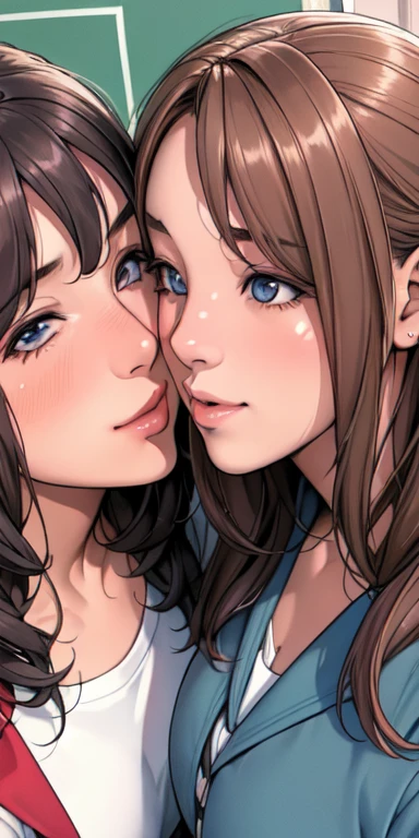 masterpiece, 4k, high quality, highly detailed, detailed face, HDR, vivid colors, natural lighting, at school, 2 girls, friends, looking to each other, heads together, (kissing), medium breasts, long hair, open hair, (embarrased face, happy face), shy, from above