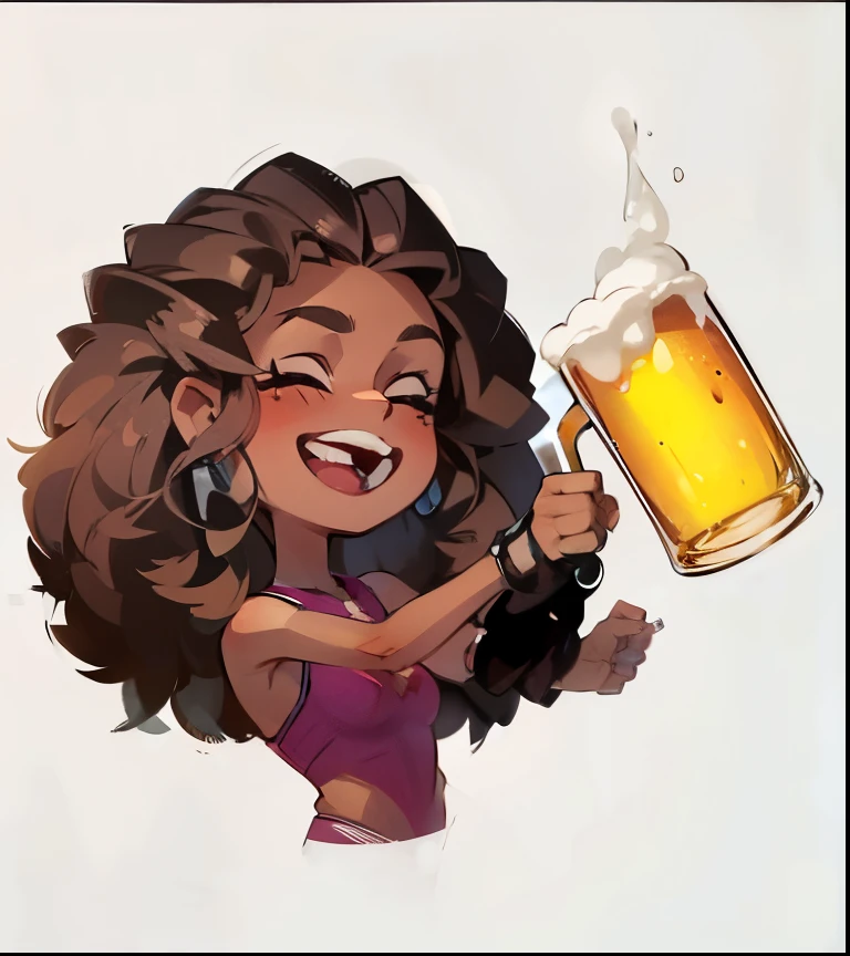 , holding beer in right hand, de perfil, preta, cabelo cacheado, feliz, morena, pay attention to the hands and the handle of the glass and the smile 