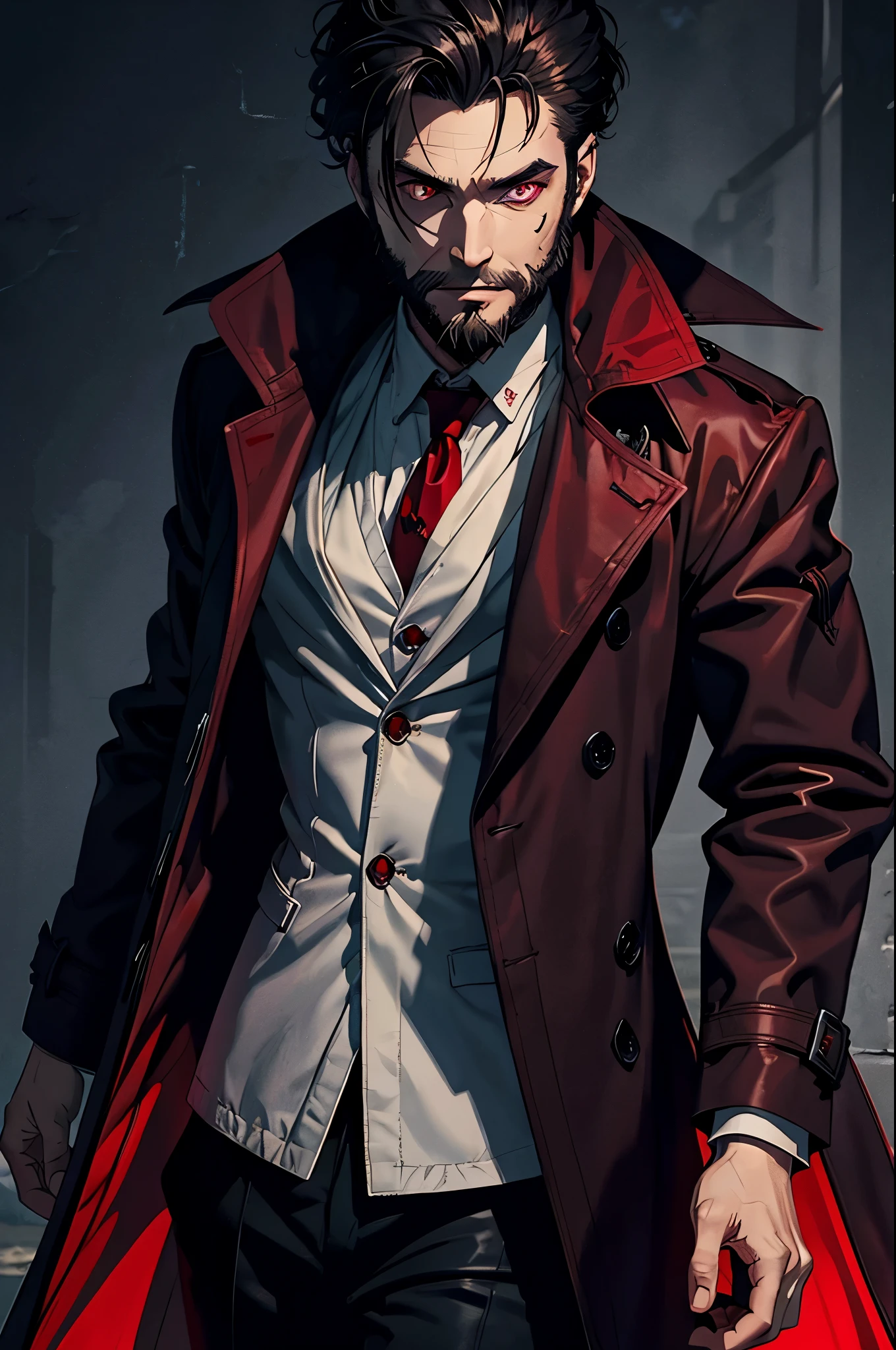A solo vampire man with short hair, beard, red eyes, wearing a trench coat, staring at the viewer smiling showing his fangs. facing the viewer. horror themed. by him self.