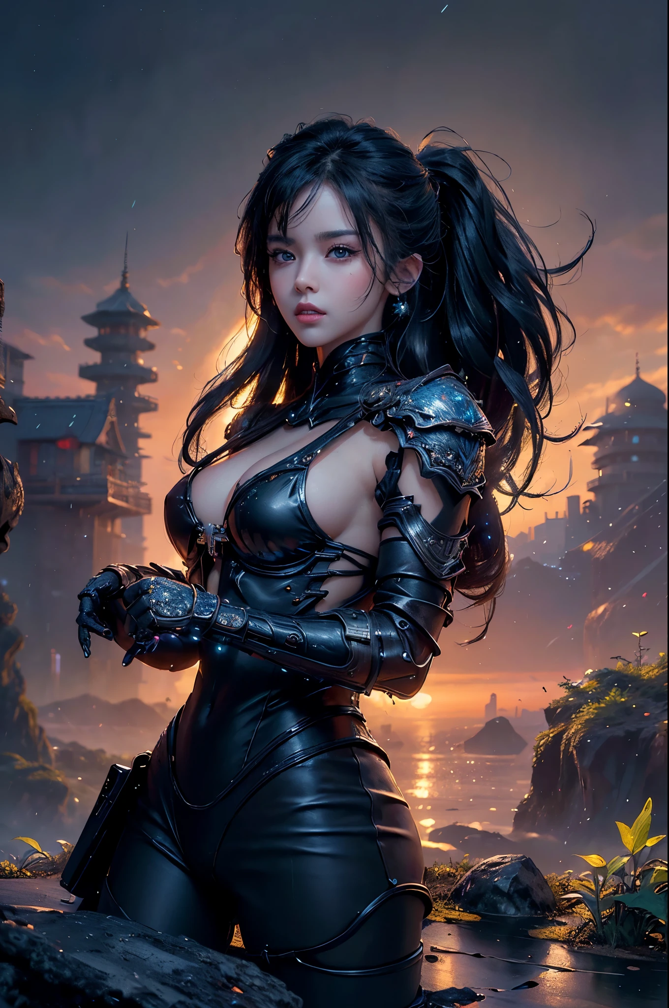 (masterpiece:1.2), (best quality), (ultra detailed), (8k, 4k, intricate), (half-shot:1.2), (highly detailed:1.2), (detailed face:1.2), (detailed background), (portrait), detailed landscape, girl, cyber ninja, fighting stance, tech implants, Laser, japan style city background, night, neon lights, raining