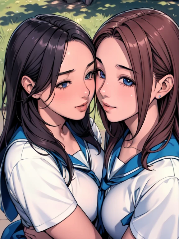 masterpiece, 4k, high quality, highly detailed, detailed face, HDR, vivid colors, natural lighting, at school, 2 girls, friends, looking to each other, heads together, (kissing), medium breasts, long hair, open hair, (embarrased face, happy face), shy, from above