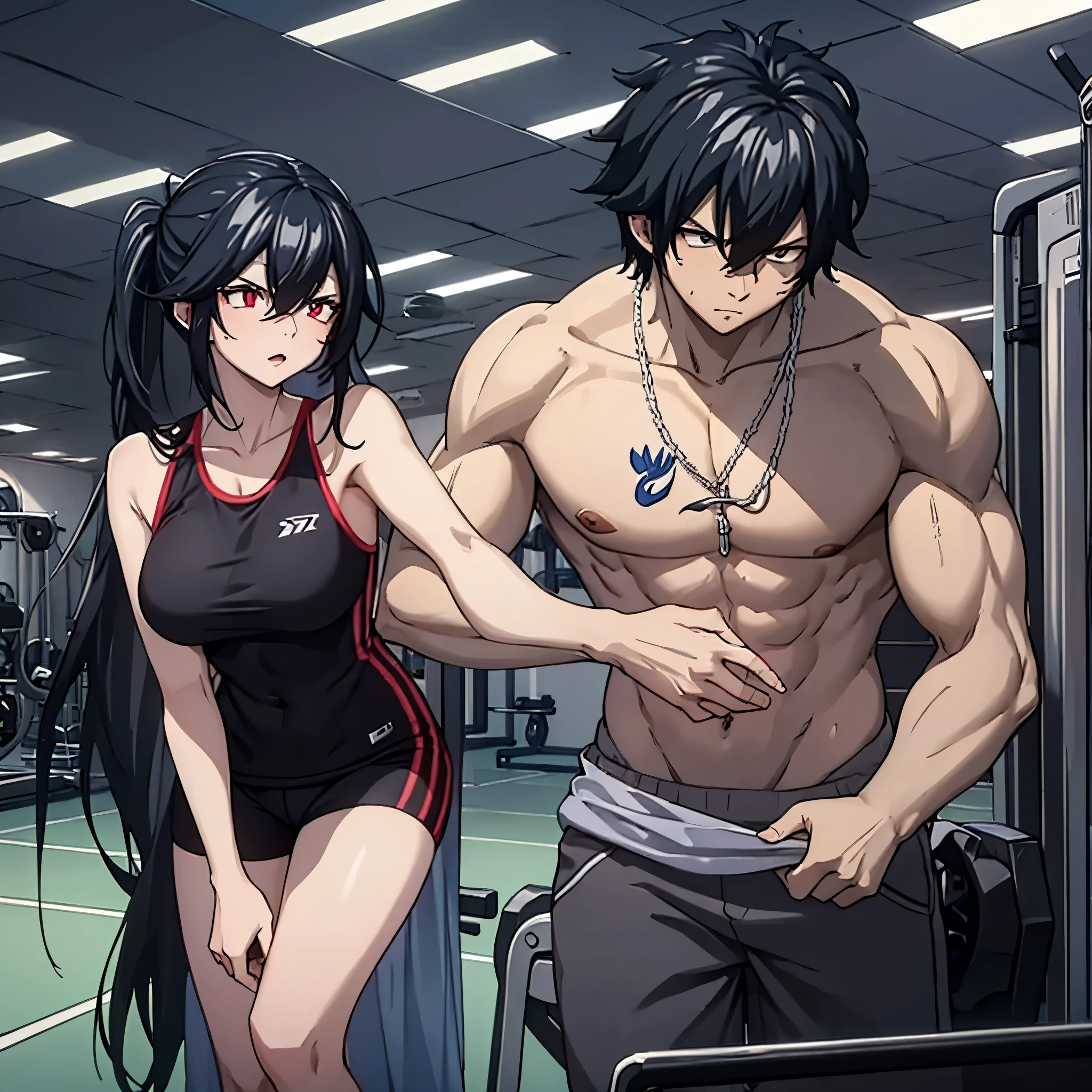 a man and a woman(eye red) in a gym working out in gym clothes in a fitness gym.