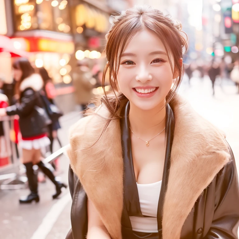 I can see the whole body、(8K、Real like a photo、)、((popular idol、cute face、beautiful eyes、beautiful smooth bronze hair、Hair up、perfect style、beautiful chest、cleavage、艶やかなcolor白の湿った肌、20-year-old))、(白colorのマフラー、black coat)、((mini skirt、knee high boots))、((You can see beautiful thighs))、(dynamic background、background blur)、((She blushes and smiles shyly at the viewer.))、(color々pose)、portrait shot、professional lighting