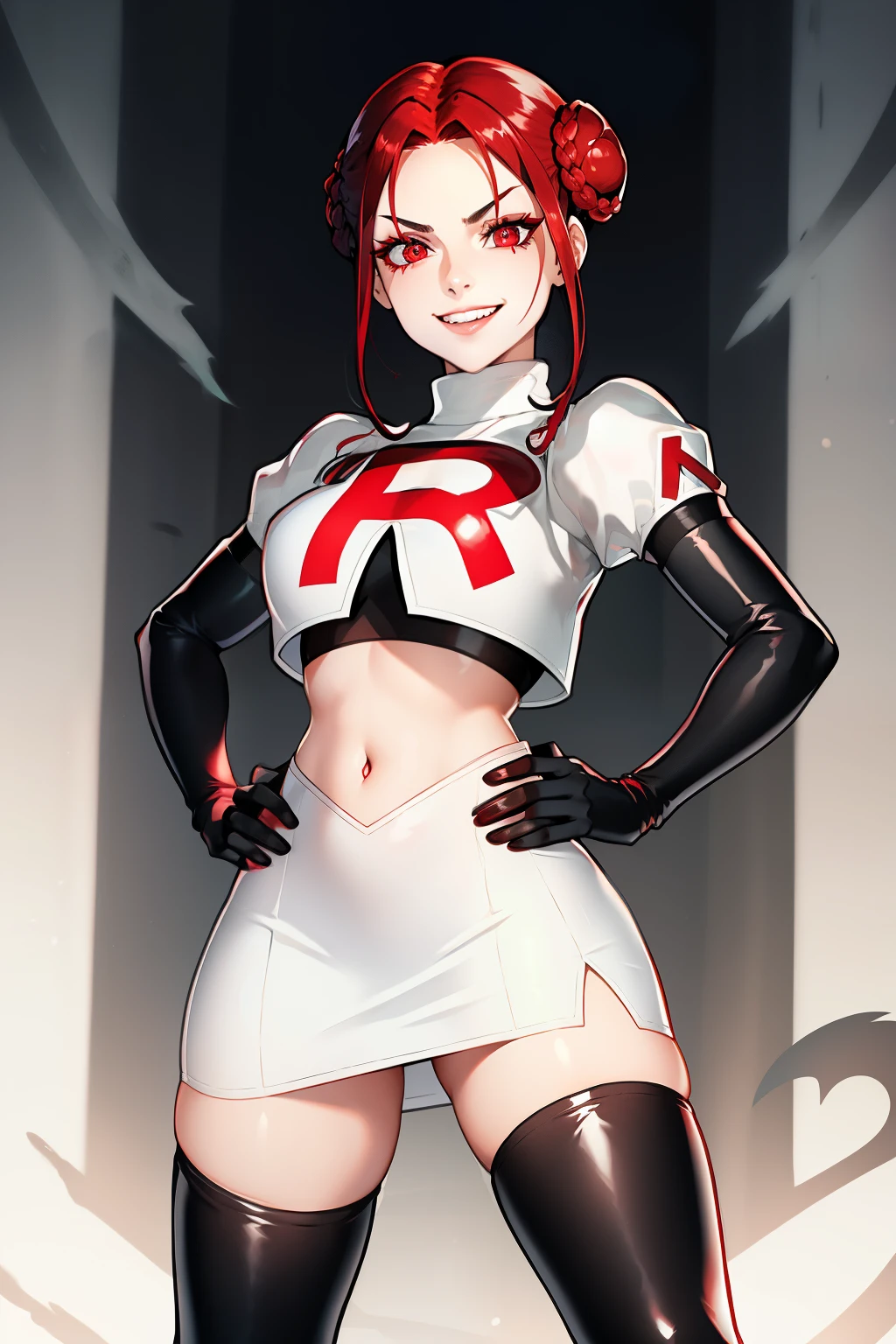 feMonica, hair bun, braid,red eyes ,glossy lips ,team rocket uniform, red letter R, white skirt,white crop top,black thigh-high boots, black elbow gloves, evil smile, hands on hips