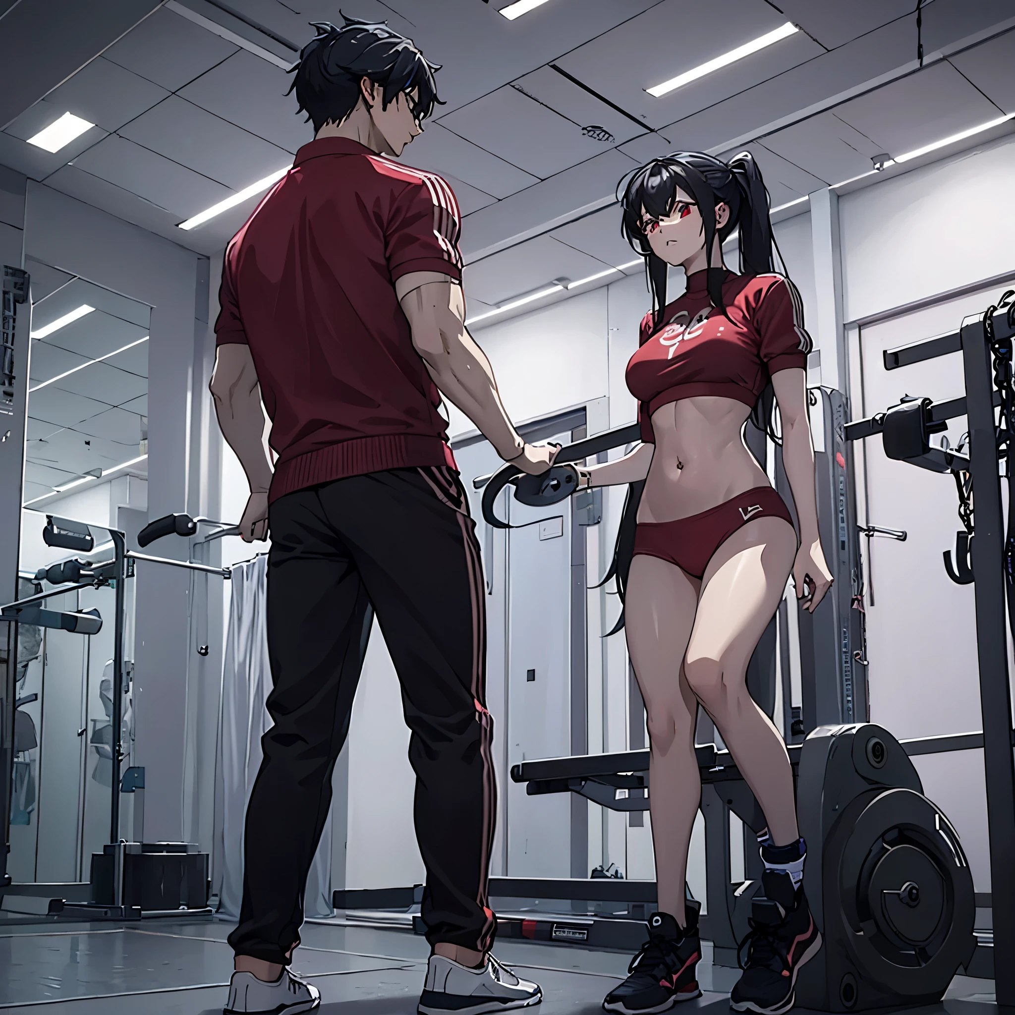 a man and a woman(eye red) in a gym working out in gym clothes in a fitness gym.
