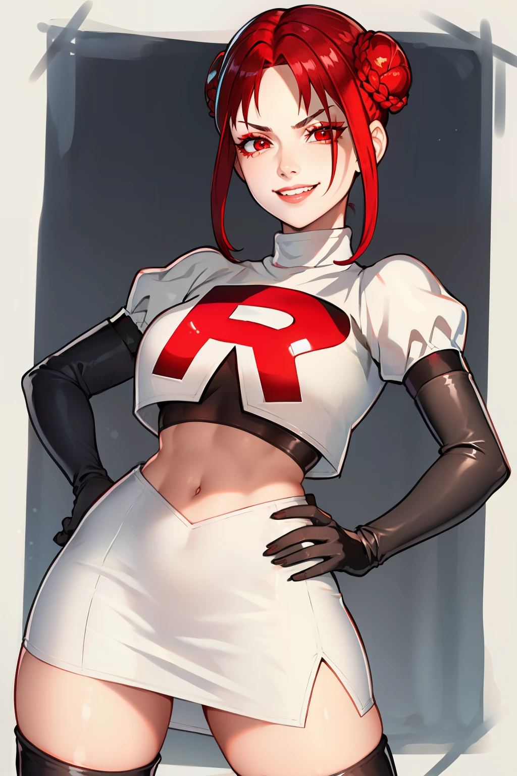 feMonica, hair bun, braid,red eyes ,glossy lips ,team rocket uniform, red letter R, white skirt,white crop top,black thigh-high boots, black elbow gloves, evil smile, hands on hips