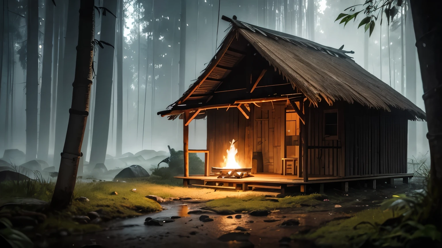 there is a hot girl sitting in a shelter in the bamboo, a picture by Jaakko Mattila, pixabay, near waterfall, little monkey near, with cute girl, renaissance, in a rainy environment, makeshift house, witch hut, shelter, cover shot, outdoor, sheltered, cabin in the woods, at a campfire in the forest, raining fire, inside primitive hut, man vs wild, rainy outside, hd, 4k, realistic photo
