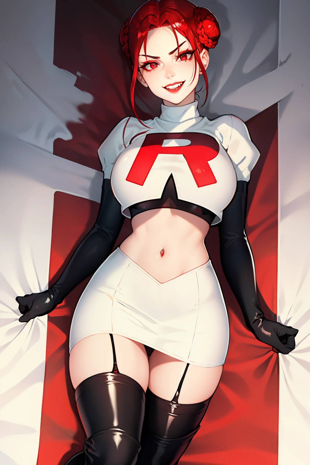 feMonica, hair bun, braid,red eyes ,glossy lips ,team rocket uniform, red letter R, white skirt,white crop top,black thigh-high boots, black elbow gloves, evil smile, sexy poses