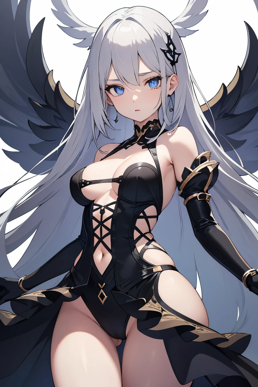 1girl, anime, cute girl, blank background, white background, fantasy, detailed dark fantasy dress with highlights, beautiful face, beautiful eyes, dark colors, silver hair, slightly small breasts, slight cleavage, beautiful skin, cute, breast curtains, extremely delicate and beautiful, (beautiful detailed face:1.0), (detailed deep eyes), symmetrical breasts, deep eyes, shiny skin, portrait, slender waist, hips wider than shoulders, thighs, young girl, expressionless, luminous eyes