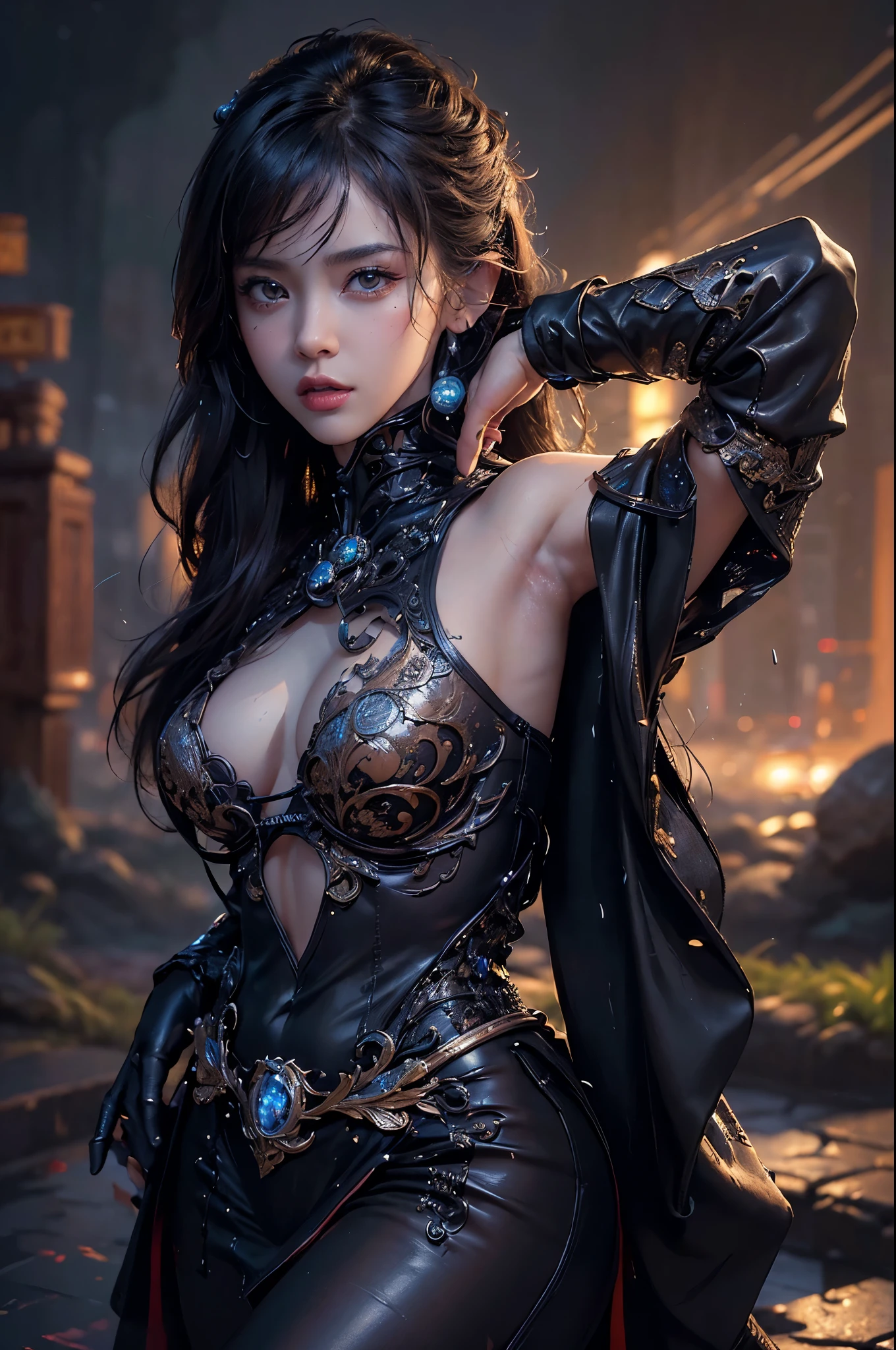 (masterpiece:1.2), (best quality), (ultra detailed), (8k, 4k, intricate), (half-shot:1.2), (highly detailed:1.2), (detailed face:1.2), (detailed background), (portrait), detailed landscape, girl, cyber ninja, fighting stance, tech implants, Laser, japan style city background, night, neon lights, raining