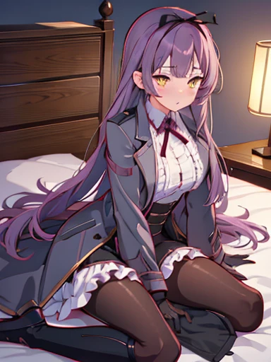 (nsfw),highest quality、sex、inside the bedroom, on the bed,lie down, On your back,((vaginal )) , blush、涙eye、glaring,(1 girl), (alone), (beautiful detailed girl), Len Bright, yellow_eye, purple hair, long hair, Broke up_前hair, hair_ribbon, black coat, white shirt, pantyhose, black knee boots, short black skirt, frills, black_gloves, ,, smug