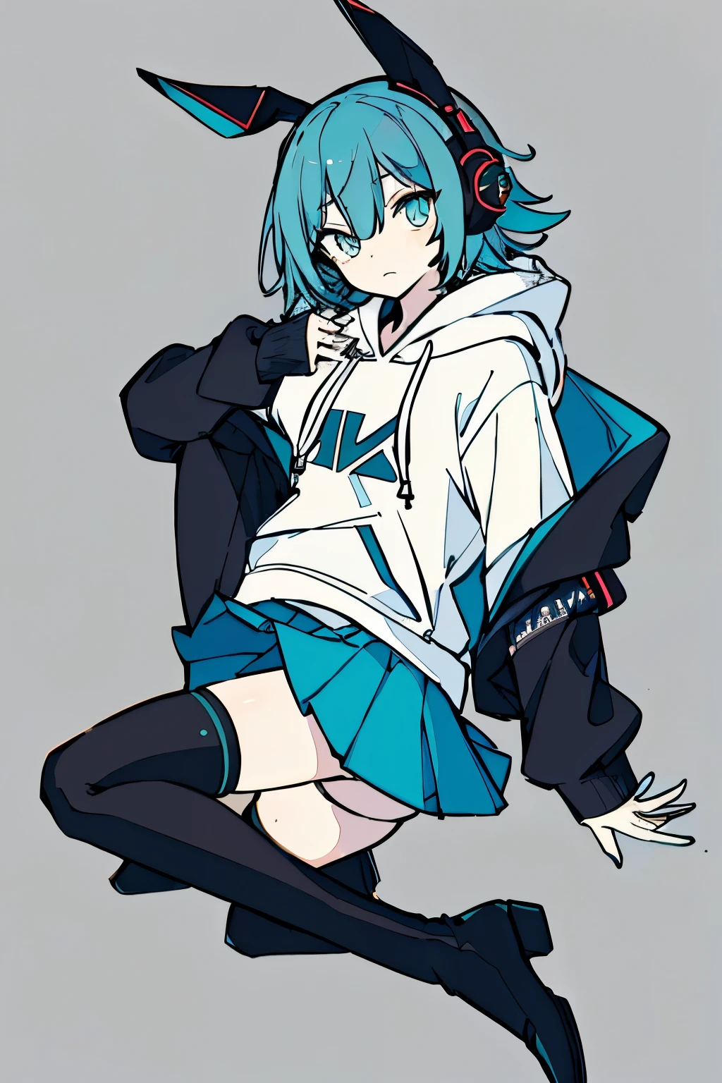 masterpiece, intricate details,highest quality, chromatic aberration, 1 girl, alone, skirt, short hair, Thighhighs, thigh boots, shirt, hoodie, boots, black skirt, jump, hoodie, headset, aqua eye, skirt, Upper body, aqua hair, whole body, かわいい hoodie, simple background,  very long hair, white background, tattoo, black shoes, black Thighhighs,blue hair, Embarrassed face