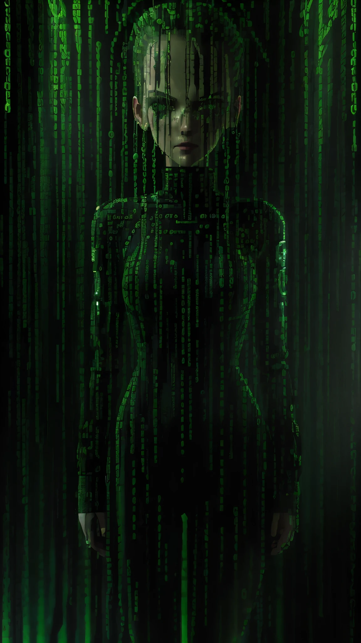 a close up of a green neon frame with a person in it, background of digital greebles, green matrix code, wires from the matrix movie, green matrix light, sci - fi film still, data holograms, system shock 2, still from the matrix (1999), matrix movie color grading, shodan from system shock 2, cyber space
