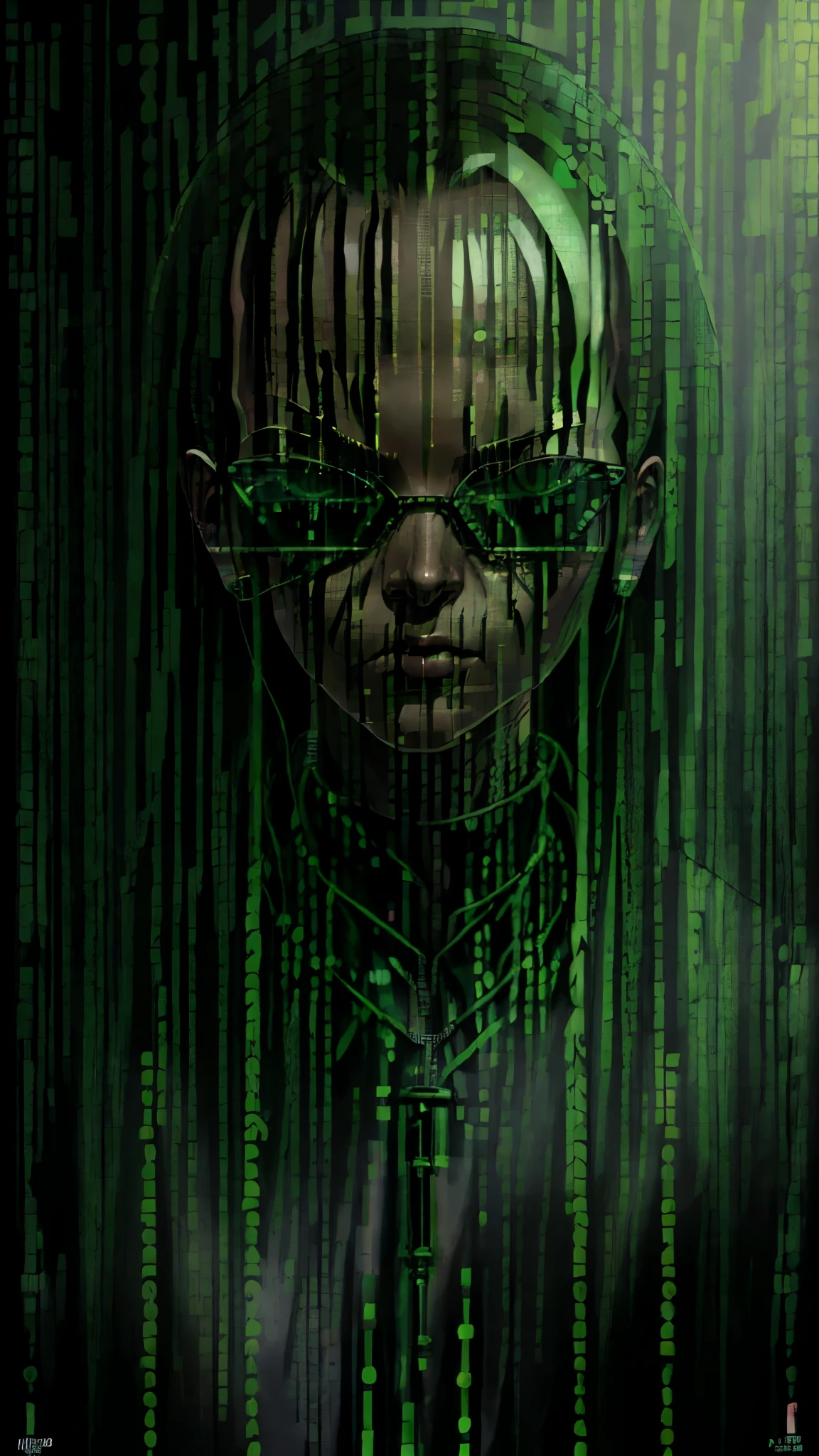 a close up of a green neon frame with a person in it, background of digital greebles, green matrix code, wires from the matrix movie, green matrix light, sci - fi film still, data holograms, system shock 2, still from the matrix (1999), matrix movie color grading, shodan from system shock 2, cyber space
