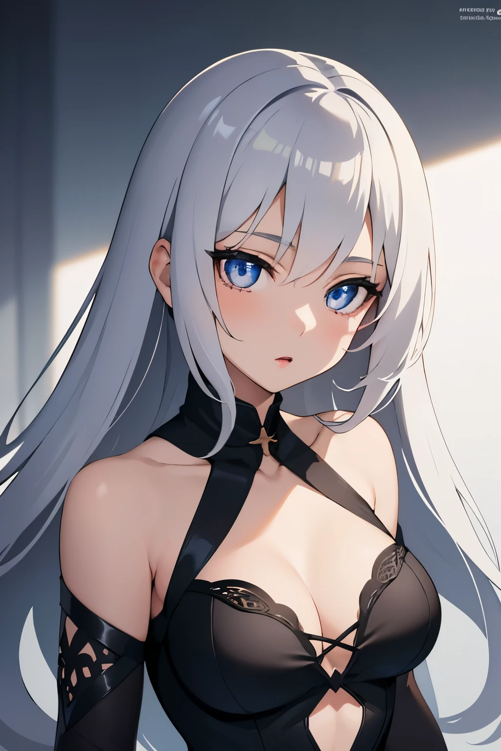 1girl, anime, cute girl, blank background, white background, fantasy, detailed dark fantasy dress with highlights, beautiful face, beautiful eyes, dark colors, silver hair, slightly small breasts, slight cleavage, beautiful skin, cute, breast curtains, extremely delicate and beautiful, (beautiful detailed face:1.0), (detailed deep eyes), symmetrical breasts, deep eyes, shiny skin, portrait, slender waist, hips wider than shoulders, thighs, young girl, expressionless, luminous eyes