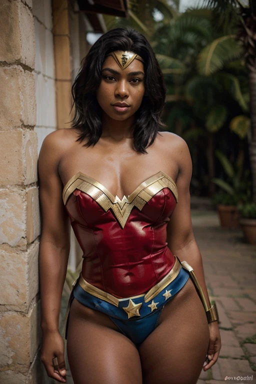 Brazilian, 25 years old, short straight hair, dark skin, wearing Wonder Woman outfit, thick legs, big hips