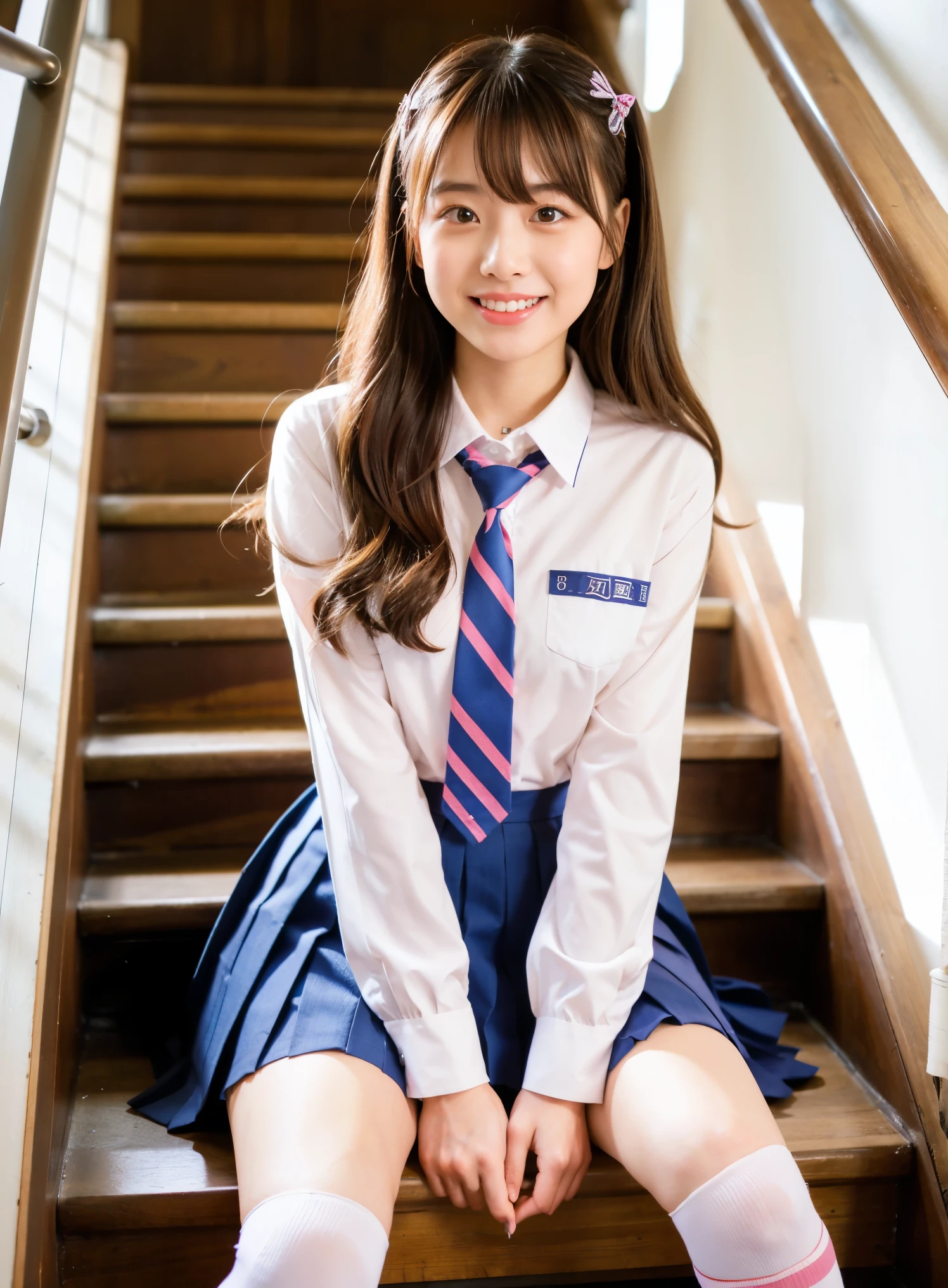 cute girl in uniform sitting on the stairs, surreal high school girl, surreal high school girl, of posing, real high school girl, cute , japanese school uniformを着て, japanese school uniform, wearing a skirt and high socks, sakimichan hdri, japanese girl uniform, look down shyly, seifuku、big eyes、natural gentle smile、slightly droopy eyes、pale skin、thin face、Japanese-style gentle face、shiny pink lips、transparent skin、very stylish、beautiful girl in short socks、Hide your mouth with one hand、sitting on the stairs, Spread your legs to the limit、 White high leg full back pants are clearly visible............、hair fluttering in the wind、