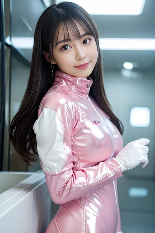 (Place your index finger on your chin, bend the index finger, Shiny rubber suit, gazing at viewer, Leaning forward, 1 girl, Looking at Viewer, from the front side, facing straight at viewer, white and pink clothes, White Gloves, futuristic spacesuit, Inside the spaceship room), Smile, Upper body, body suit, Mini Pencil Skirt, High neck clothing, Hide the neck, drooping eyes, Head tilt, masutepiece, Best Quality, an extremely cute girl, 20 years old, Black hair, pink line in the center of the clothes