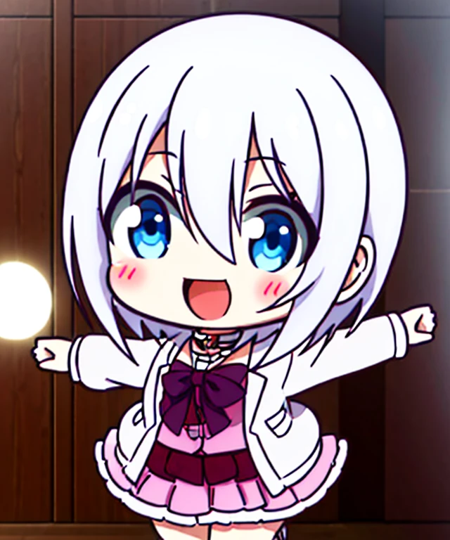 1girll, (chibi:1.3),telegraph Looking at the viewer, Blushing, Smile, :D and, Open your mouth Dancing ,white haired, While watching the viewer,Lisanna Strauss chibi