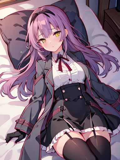 (nsfw),((vaginal )),Semen dripping、highest quality、sex、inside the bedroom, on the bed,lie down, On your back , blush、涙eye、glaring,(1 girl), (beautiful detailed girl), Len Bright, yellow_eye, purple hair, long hair, Broke up_前hair, hair_ribbon, black coat, white shirt, pantyhose, black knee boots, short black skirt, frills, black_gloves, ,, smug