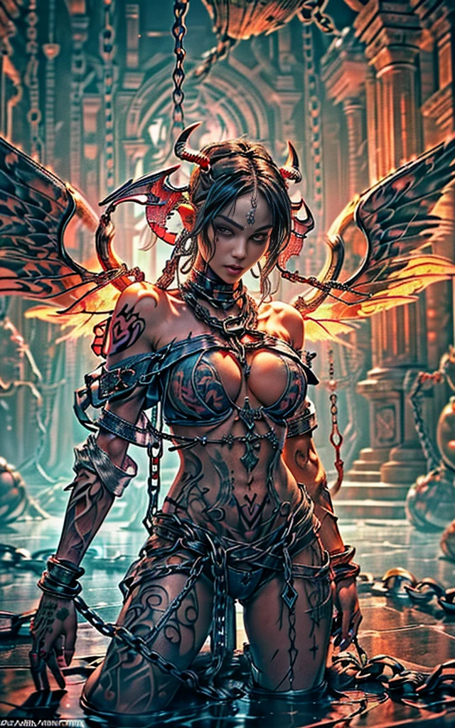 (RAW shooting:1.5, realistic:1.5, fractal art:1.3, 8K), (highest quality, masterpiece, ultra high resolution), Demonic world, chaos, desolation, ruins, ((perfect dynamic composition:1.7, Detailed tattoos on the whole body:1.6, Wearing detailed body jewelry:1.6)), Highly detailed skin and facial textures:1.3, (Cute and sexy succubus demon with gorgeous wings:1.3, beautiful and aesthetic:1.3), prisoner of war, slave, Horn, Fair skin, open your legs, (Correctly wear heavily torn clothes off-shoulder:1.3), Huge breasts that are about to burst, Do not show areola, big chest gap, (The expression on your face when you feel intense caress, Facial expression when feeling pleasure, A look drowning in pleasure), beautiful blue eyes, Eyes that feel beautiful eros, sexy face, blush, (Too erotic and cute:0.9, Bewitching:0.9), ((torture:1.5, Lots of chains:1.8, countless chains tangled in clothes:1.6, chain the right arm:1.5, chain the left arm:1.5, Bind the right leg with shackles and chains:1.5, Bind the left leg with shackles and chains:1.5)), (((An incomprehensible amount of liquid flows throughout the body:1.5))), super long blonde curly hair