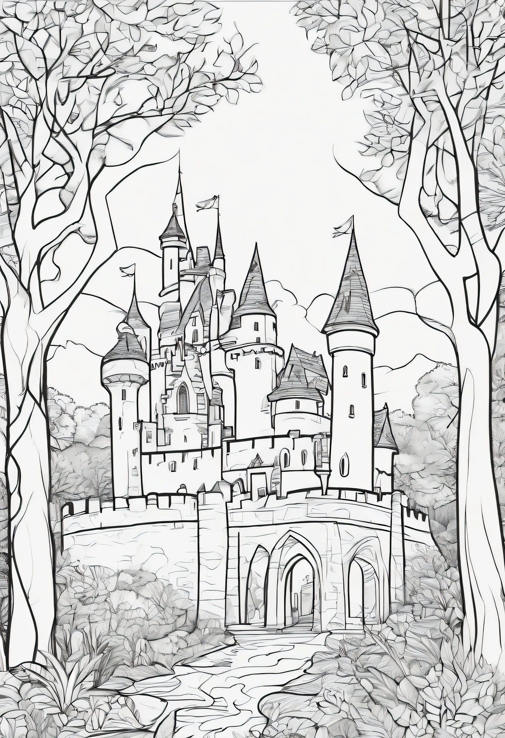 a coloring book page of castle in a forest, line art