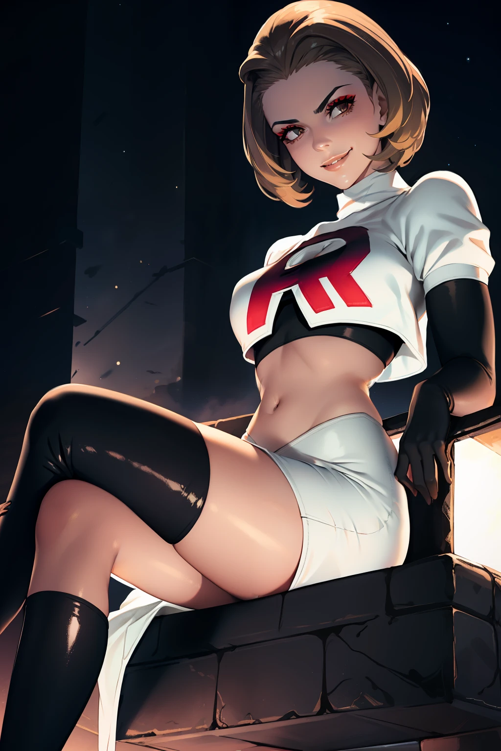 defManuela,glossy lips ,team rocket uniform, red letter R, white skirt,white crop top,black thigh-high boots, black elbow gloves, evil smile, sitting down, looking down on viewer ,legs crossed, night sky background