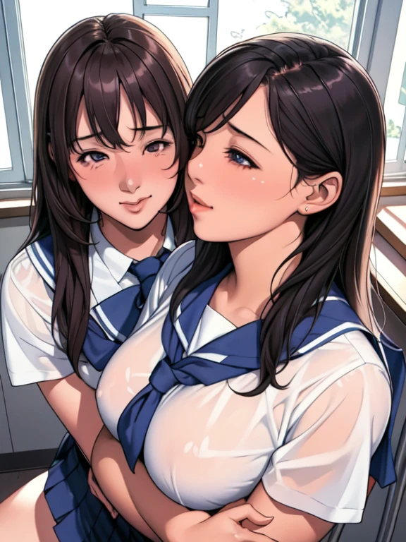 masterpiece, 4k, high quality, highly detailed, detailed face, HDR, vivid colors, natural lighting, at school, sheer  school uniform,2 girls, friends, looking to each other, heads together, (kissing), , long hair, open hair, (embarrased face, happy face), shy, from above
