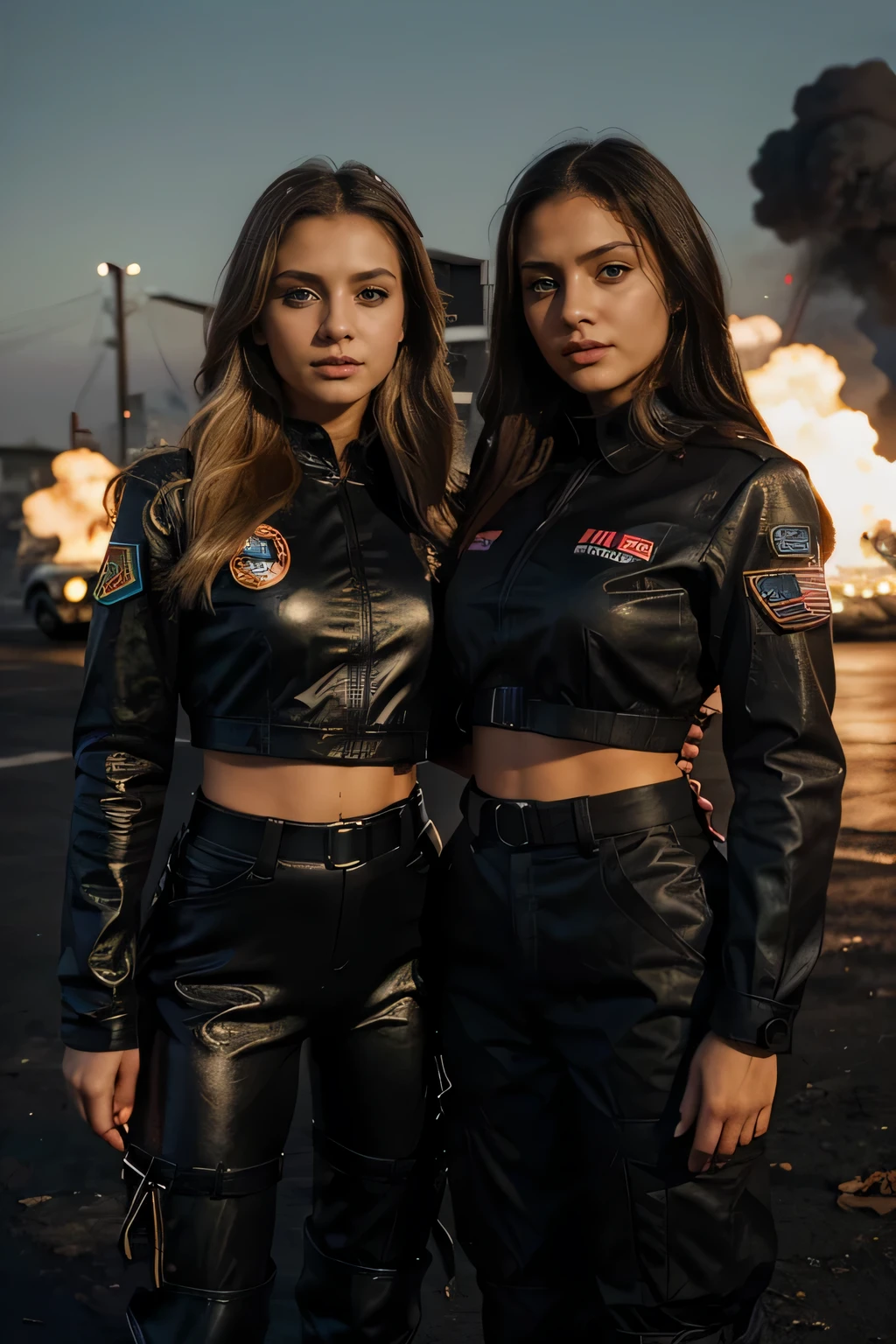 un retrato de una mujer rubia eslava y una mujer latina, parado uno al lado del otro, with an explosion in the background, Brillante. La primera mujer es rubia., ojos azules, Slavic characteristics, mujer vistiendo un traje militar negro. La otra mujer tiene el pelo oscuro., Brown eyes, Latin features, darkest skin, vistiendo traje militar negro, foto de cuerpo completo, ojos perfectos y detallados, manos perfectas y detalladas