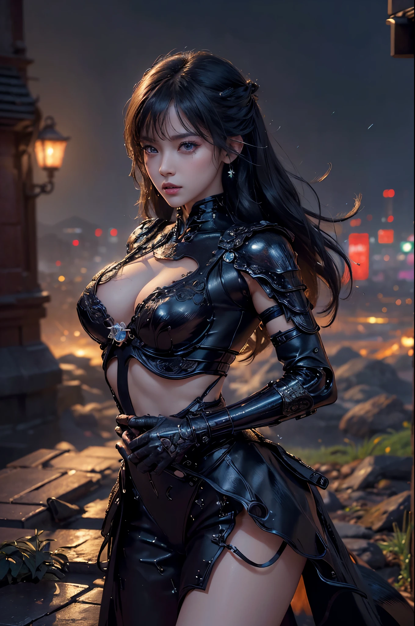 (masterpiece:1.2), (best quality), (ultra detailed), (8k, 4k, intricate), (half-shot:1.2), (highly detailed:1.2), (detailed face:1.2), (detailed background), (portrait), detailed landscape, girl, cyber ninja, fighting stance, tech implants, Laser, japan style city background, night, neon lights, raining