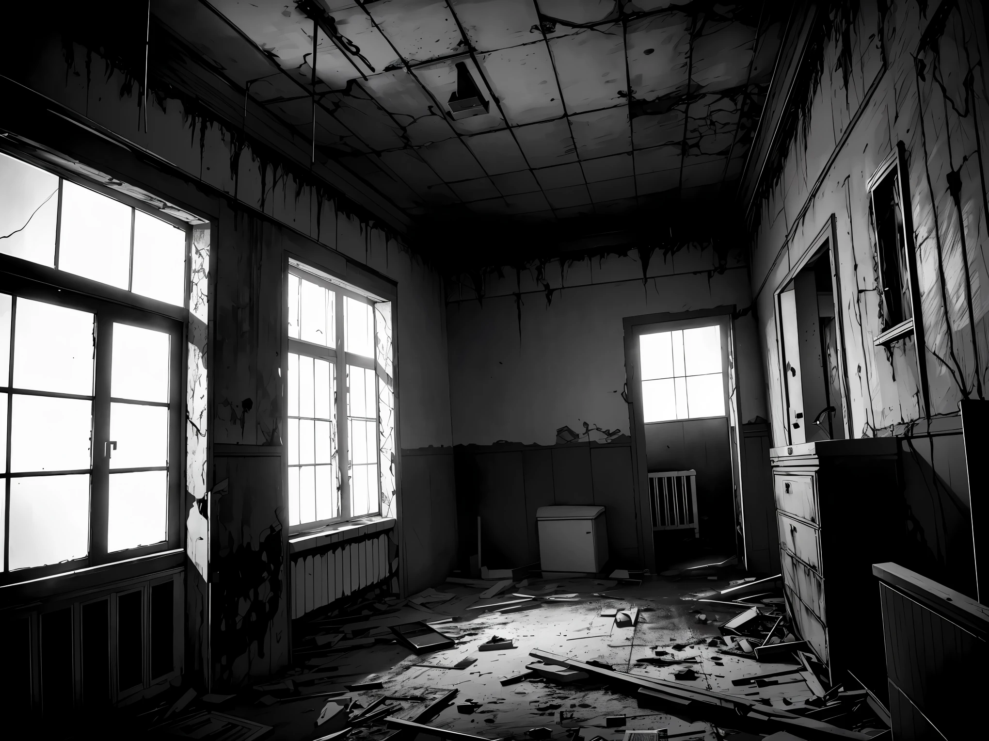 (8K, RAW photo, highest quality, masterpiece: 1.2), Horror Games, Abandoned hospital, Damp atmosphere, dark lighting, pale light, Absent-minded, Inside the dark hospital, Unfamiliar equipment and bed, bloodstains on the wall,eerie light, It&#39;s dark outside the window and visibility is poor., depressing atmosphere, curse, curse, Distorted scenery, dark fantasy, Night Hospital, abandoned house, Monochrome world, A feeling of being crushed, Reflected soul, haunted, background bokeh,