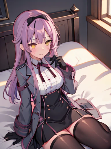 (nsfw),((vaginal )),Semen dripping、highest quality、sex、inside the bedroom, on the bed,lie down, On your back , blush、涙eye、Crying face、resistance、glaring,(1 girl), (beautiful detailed girl), Len Bright, yellow_eye, purple hair, long hair, Broke up_前hair, hair_ribbon, black coat, white shirt, pantyhose, black knee boots, short black skirt, frills, black_gloves, ,, smug