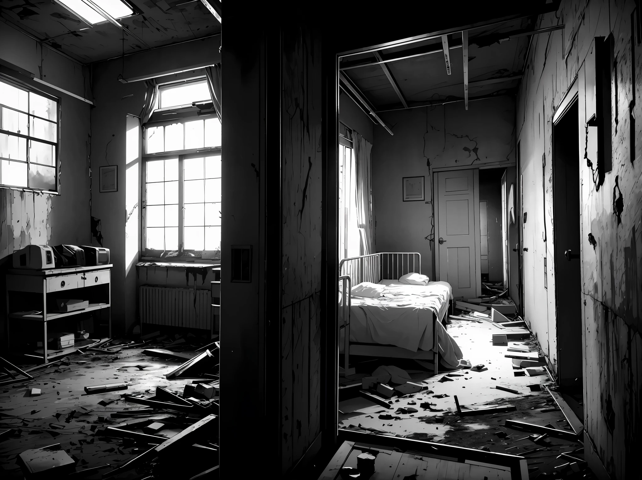 (8K, RAW photo, highest quality, masterpiece: 1.2), Horror Games, Abandoned hospital, Damp atmosphere, dark lighting, pale light, Absent-minded, Inside the dark hospital, Unfamiliar equipment and bed, bloodstains on the wall,eerie light, It's dark outside the window and visibility is poor., depressing atmosphere, curse, curse, Distorted scenery, dark fantasy, Night Hospital, abandoned house, Monochrome world, A feeling of being crushed, background bokeh,
