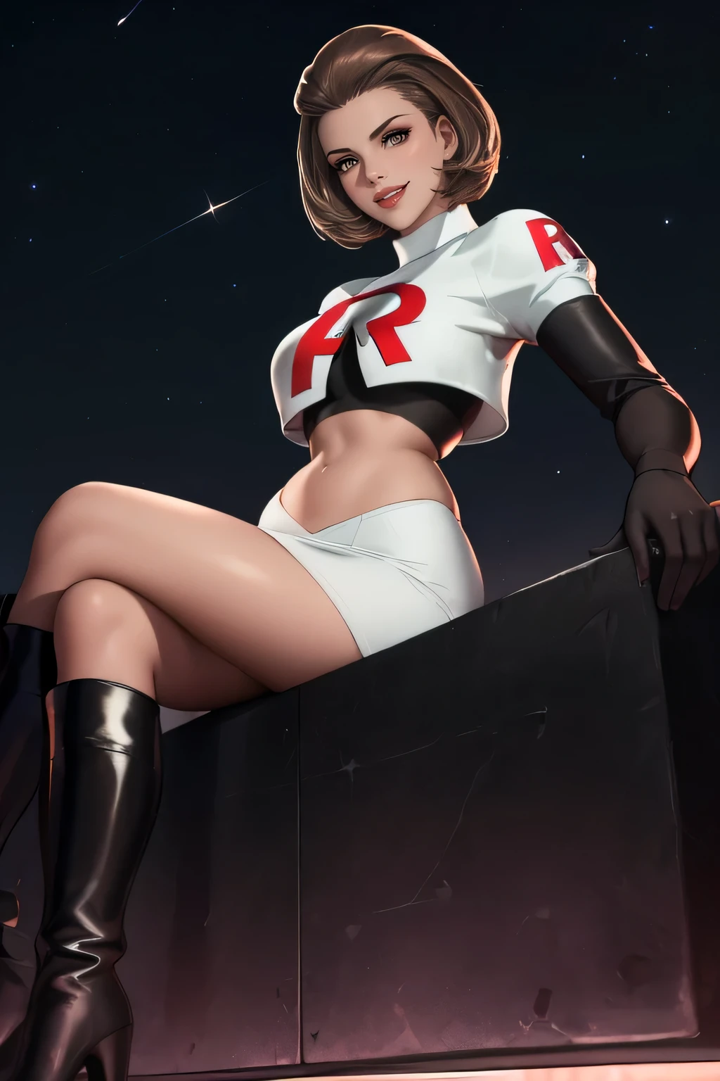 defManuela,glossy lips ,team rocket uniform, red letter R, white skirt,white crop top,black thigh-high boots, black elbow gloves, evil smile, sitting down, looking down on viewer ,legs crossed, night sky background