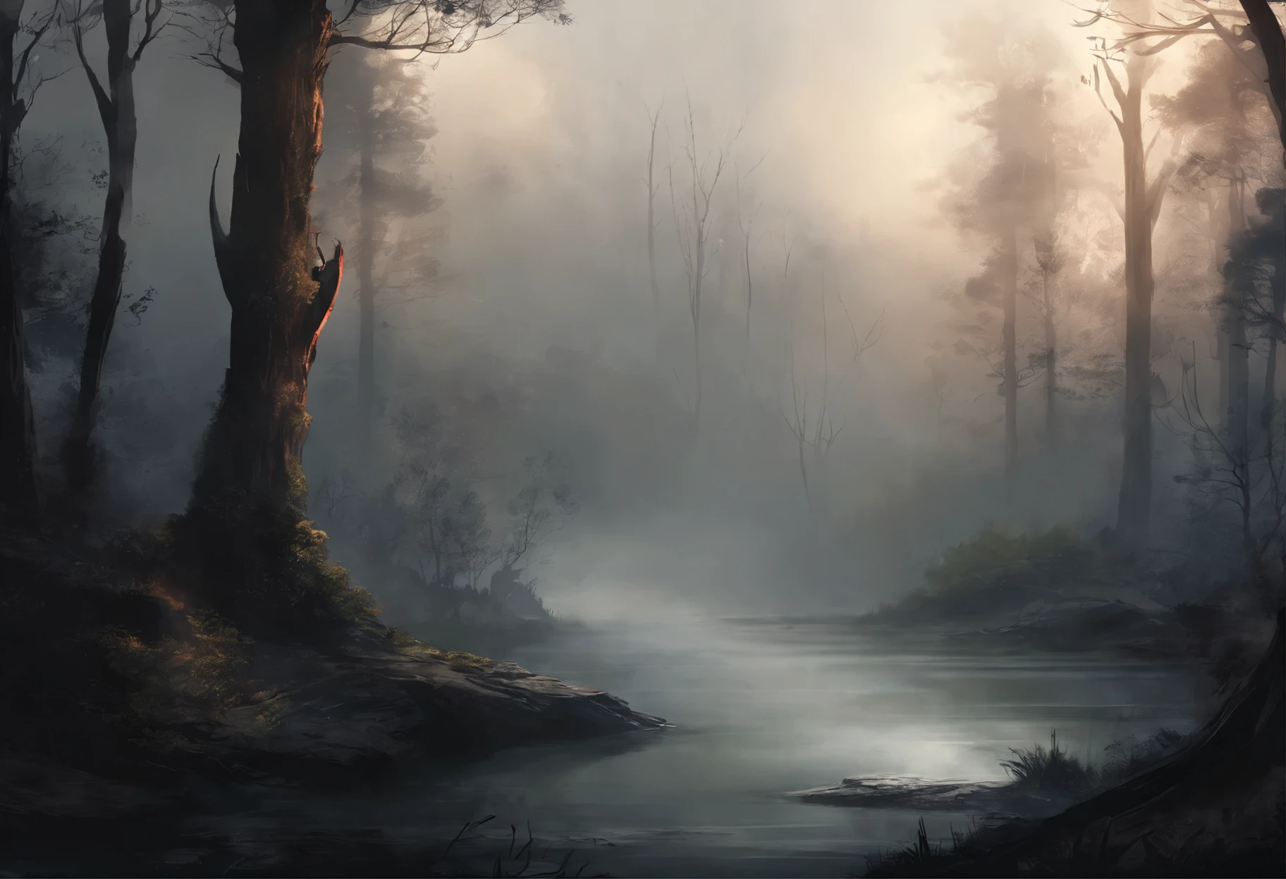deep forest, very very dark, misty, fog, black and white