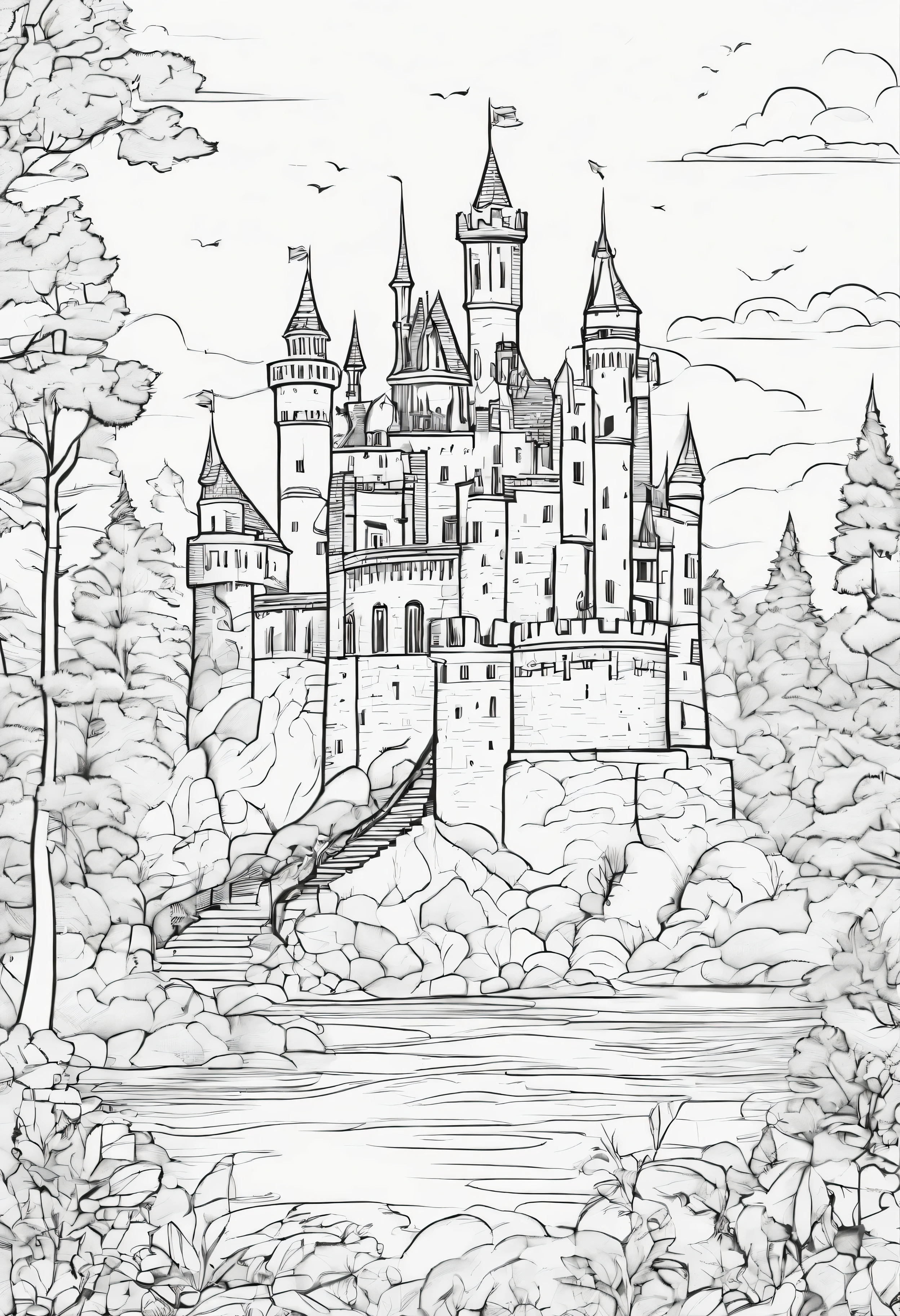 a coloring book page of castle in a forest, line art