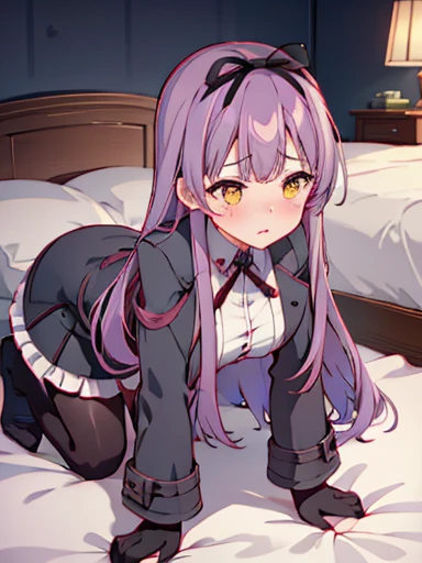 (nsfw),((vaginal )),Semen dripping、highest quality、sex、inside the bedroom, on the bed,crawl on all fours , blush、涙eye、Crying face、resistance、glaring,(1 girl), (beautiful detailed girl), Len Bright, yellow_eye, purple hair, long hair, Broke up_前hair, hair_ribbon, black coat, white shirt, pantyhose, black knee boots, short black skirt, frills, black_gloves, ,, smug